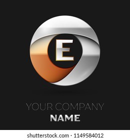 Realistic Silver Letter E logo symbol in the colorful silver-golden circle shape on black background. Vector template for your design