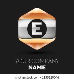 Realistic Silver Letter E logo symbol in the colorful silver-golden hexagonal shape on black background. Vector template for your design