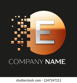Realistic Silver Letter E logo symbol in the golden colorful pixel circle shape with shattered blocks on black background. Vector template for your design