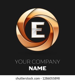 Realistic Silver Letter E logo symbol in the golden colorful circle shape on black background. Vector template for your design