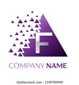 Realistic Silver Letter F logo symbol in the purple colorful pixel triangle shape with shattered blocks on white background. Vector template for your design