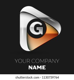 Realistic Silver Letter G logo symbol in golden-silver triangle shape on black background. Vector template for your design
