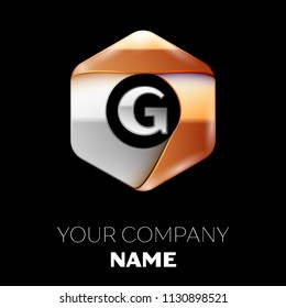Realistic Silver Letter G logo symbol in the colorful silver-golden hexagonal shape on black background. Vector template for your design