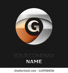 Realistic Silver Letter G logo symbol in the colorful silver-golden circle shape on black background. Vector template for your design