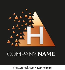 Realistic Silver Letter H logo symbol in the golden colorful pixel triangle shape with shattered blocks on black background. Vector template for your design