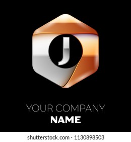 Realistic Silver Letter J logo symbol in the colorful silver-golden hexagonal shape on black background. Vector template for your design