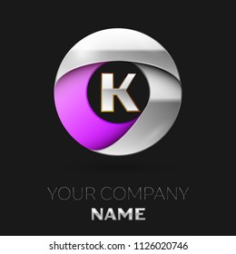 Realistic Silver Letter K logo symbol in the colorful silver-purple circle shape on black background. Vector template for your design