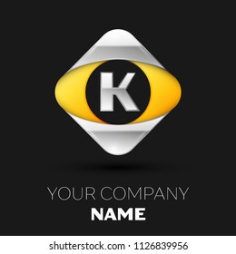 Realistic Silver Letter K logo symbol in the colorful silver-yellow square shape on black background. Vector template for your design