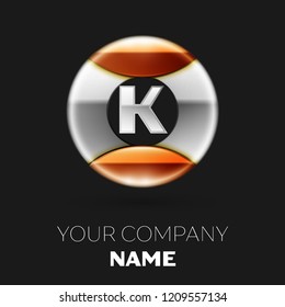 Realistic Silver Letter K logo symbol in the silver-golden colorful circle shape on black background. Vector template for your design
