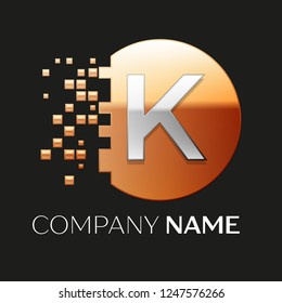 Realistic Silver Letter K logo symbol in the golden colorful pixel circle shape with shattered blocks on black background. Vector template for your design
