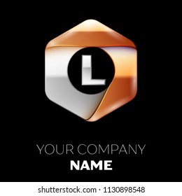 Realistic Silver Letter L logo symbol in the colorful silver-golden hexagonal shape on black background. Vector template for your design