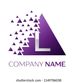 Realistic Silver Letter L logo symbol in the purple colorful pixel triangle shape with shattered blocks on white background. Vector template for your design