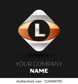 Realistic Silver Letter L logo symbol in the colorful golden-silver square shape on black background. Vector template for your design