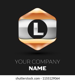 Realistic Silver Letter L logo symbol in the colorful silver-golden hexagonal shape on black background. Vector template for your design