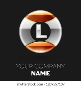 Realistic Silver Letter L logo symbol in the silver-golden colorful circle shape on black background. Vector template for your design