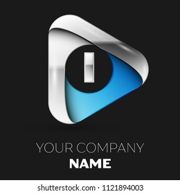 Realistic Silver Letter I logo symbol in silver-blue triangle shape on black background. Vector template for your design