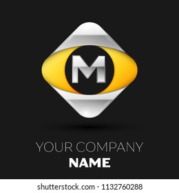 Realistic Silver Letter M logo symbol in the colorful silver-yellow square shape on black background. Vector template for your design