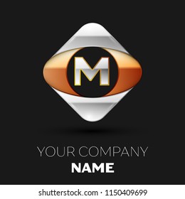 Realistic Silver Letter M logo symbol in the colorful golden-silver square shape on black background. Vector template for your design