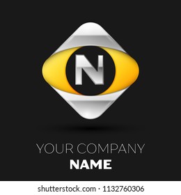 Realistic Silver Letter N logo symbol in the colorful silver-yellow square shape on black background. Vector template for your design