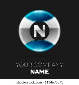 Realistic Silver Letter N logo symbol in the silver-blue colorful circle shape on black background. Vector template for your design