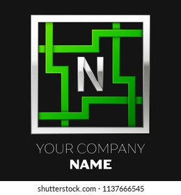 Realistic Silver Letter N logo symbol in the silver-green colorful square maze shape on black background. The logo symbolizes labyrinth, choice of right path. Vector template for your design