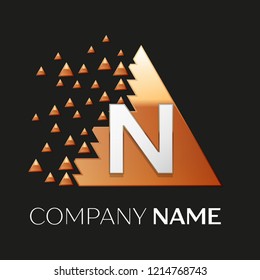 Realistic Silver Letter N logo symbol in the golden colorful pixel triangle shape with shattered blocks on black background. Vector template for your design