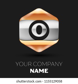 Realistic Silver Letter O logo symbol in the colorful silver-golden hexagonal shape on black background. Vector template for your design