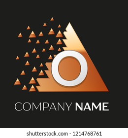 Realistic Silver Letter O logo symbol in the golden colorful pixel triangle shape with shattered blocks on black background. Vector template for your design