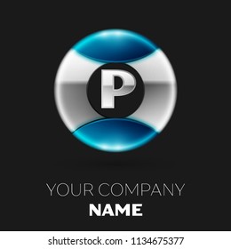 Realistic Silver Letter P logo symbol in the silver-blue colorful circle shape on black background. Vector template for your design
