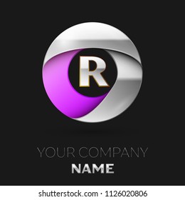 Realistic Silver Letter R logo symbol in the colorful silver-purple circle shape on black background. Vector template for your design