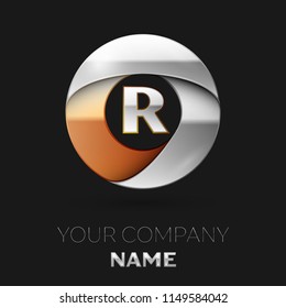 Realistic Silver Letter R logo symbol in the colorful silver-golden circle shape on black background. Vector template for your design