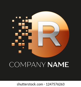 Realistic Silver Letter R logo symbol in the golden colorful pixel circle shape with shattered blocks on black background. Vector template for your design