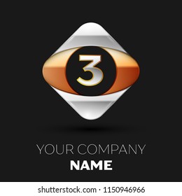 Realistic Silver Letter Three logo symbol in the colorful golden-silver square shape on black background. Vector template for your design