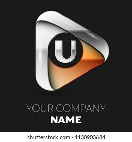 Realistic Silver Letter U logo symbol in golden-silver triangle shape on black background. Vector template for your design