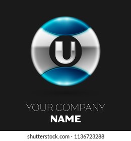 Realistic Silver Letter U logo symbol in the silver-blue colorful circle shape on black background. Vector template for your design