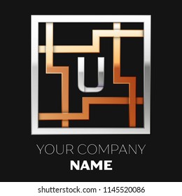 Realistic Silver Letter U logo symbol in the silver-golden colorful square maze shape on black background. The logo symbolizes labyrinth, choice of right path. Vector template for your design