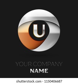 Realistic Silver Letter U logo symbol in the colorful silver-golden circle shape on black background. Vector template for your design