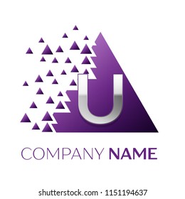 Realistic Silver Letter U logo symbol in the purple colorful pixel triangle shape with shattered blocks on white background. Vector template for your design