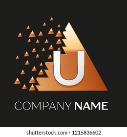 Realistic Silver Letter U logo symbol in the golden colorful pixel triangle shape with shattered blocks on black background. Vector template for your design