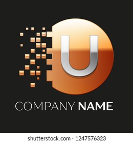 Realistic Silver Letter U logo symbol in the golden colorful pixel circle shape with shattered blocks on black background. Vector template for your design Realistic Silver Letter U logo symbol in the golden colorful pixel circle shape with shattered blocks on black background. Vector template for your design