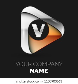 Realistic Silver Letter V logo symbol in golden-silver triangle shape on black background. Vector template for your design