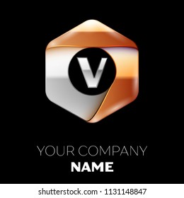 Realistic Silver Letter V logo symbol in the colorful silver-golden hexagonal shape on black background. Vector template for your design