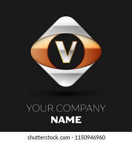 Realistic Silver Letter V logo symbol in the colorful golden-silver square shape on black background. Vector template for your design