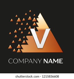 Realistic Silver Letter V logo symbol in the golden colorful pixel triangle shape with shattered blocks on black background. Vector template for your design