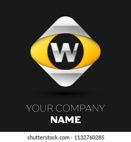 Realistic Silver Letter W logo symbol in the colorful silver-yellow square shape on black background. Vector template for your design