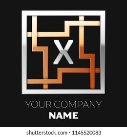 Realistic Silver Letter X logo symbol in the silver-golden colorful square maze shape on black background. The logo symbolizes labyrinth, choice of right path. Vector template for your design