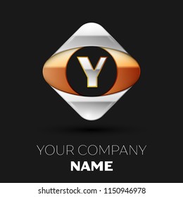 Realistic Silver Letter Y logo symbol in the colorful golden-silver square shape on black background. Vector template for your design