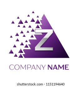 Realistic Silver Letter Z logo symbol in the purple colorful pixel triangle shape with shattered blocks on white background. Vector template for your design