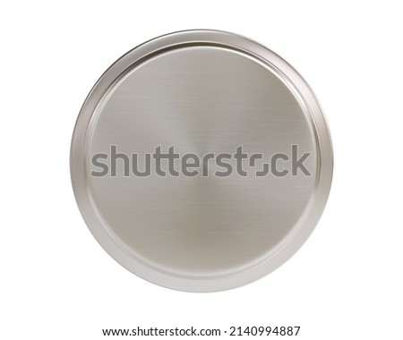 Realistic silver lid mockup top view isolated on white background. 3d render metal bottle or jar cap. Aluminum or tin round container cover. Coin or medal mock up.