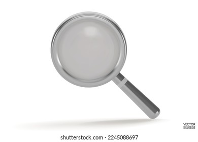 Realistic silver Magnifying glass with shadow isolated on white background. Lupe 3d in a realistic style. Search vector icon. Discovery, research, search, analysis concept. 3D vector illustration.